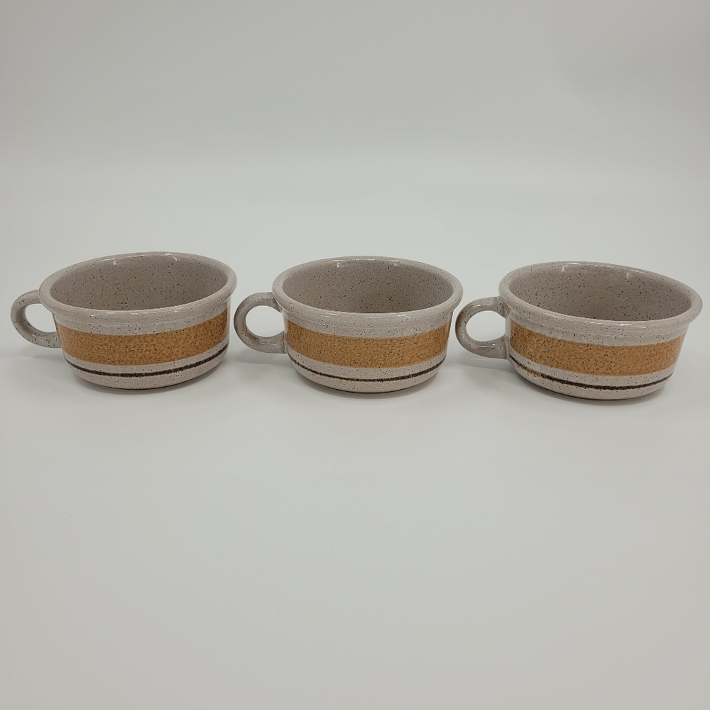 Pottery Craft Soup Mug Set Of 3 #458 USA Made Tan Brown Speckled Stripe MCM